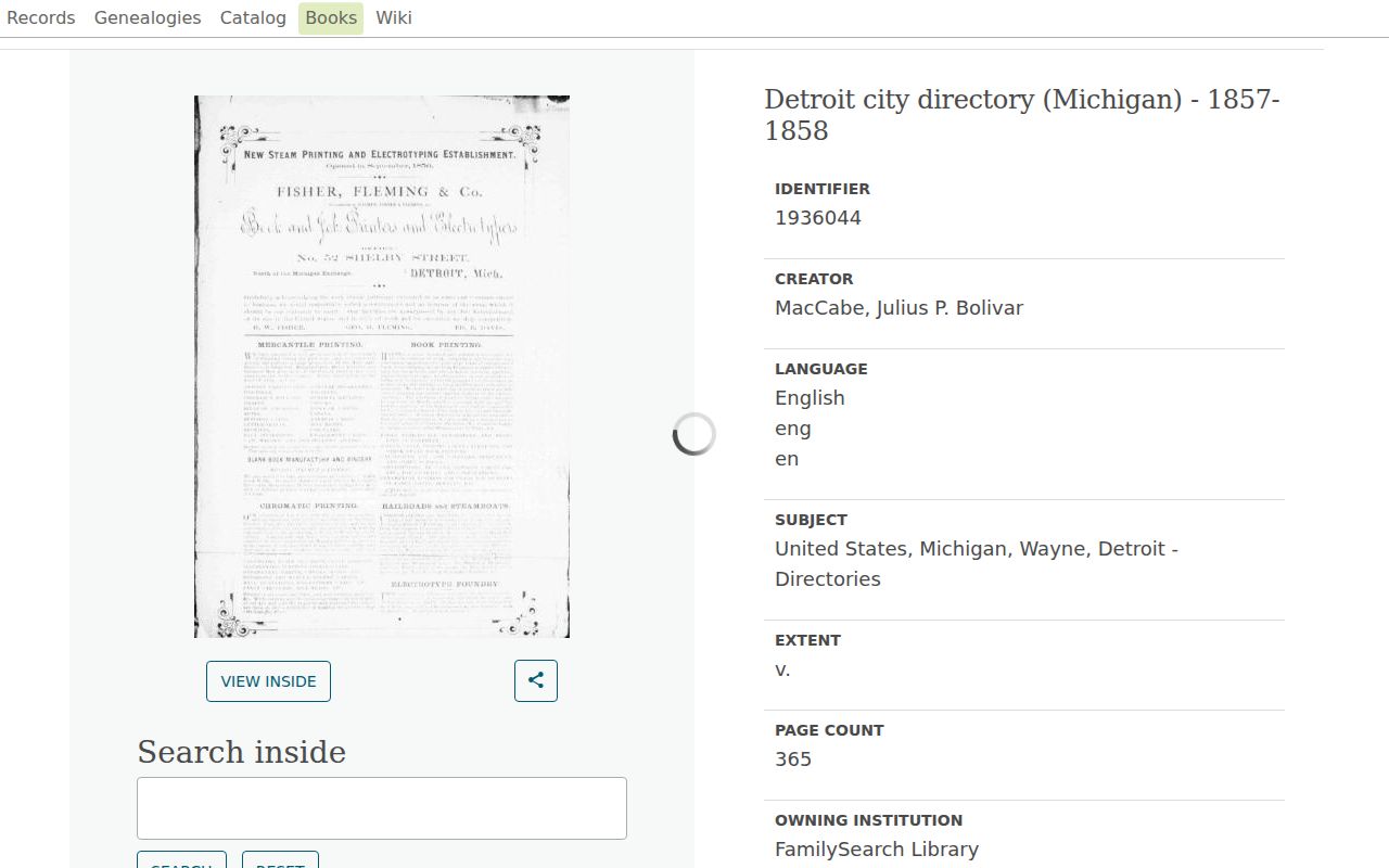 Detroit city directory 1857-1858 FamilySearch catalog record