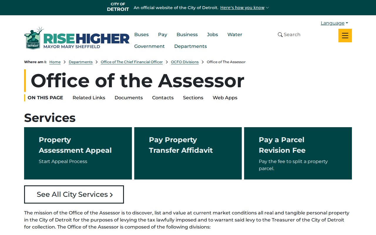 Detroit Office of the Assessor page with property-search information