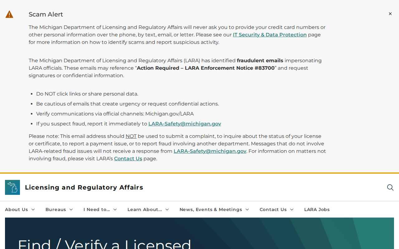 Michigan license search page with professional and business categories