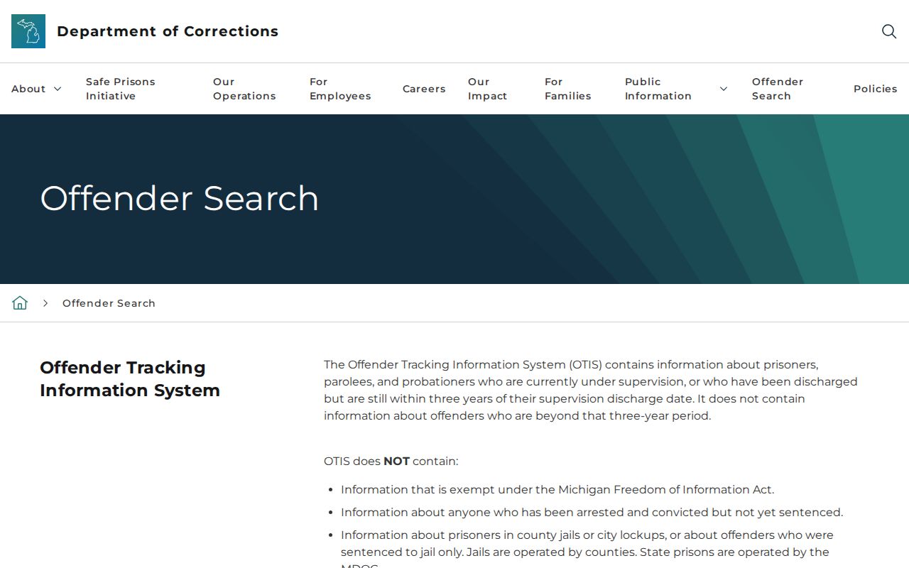 Michigan OTIS official offender lookup page