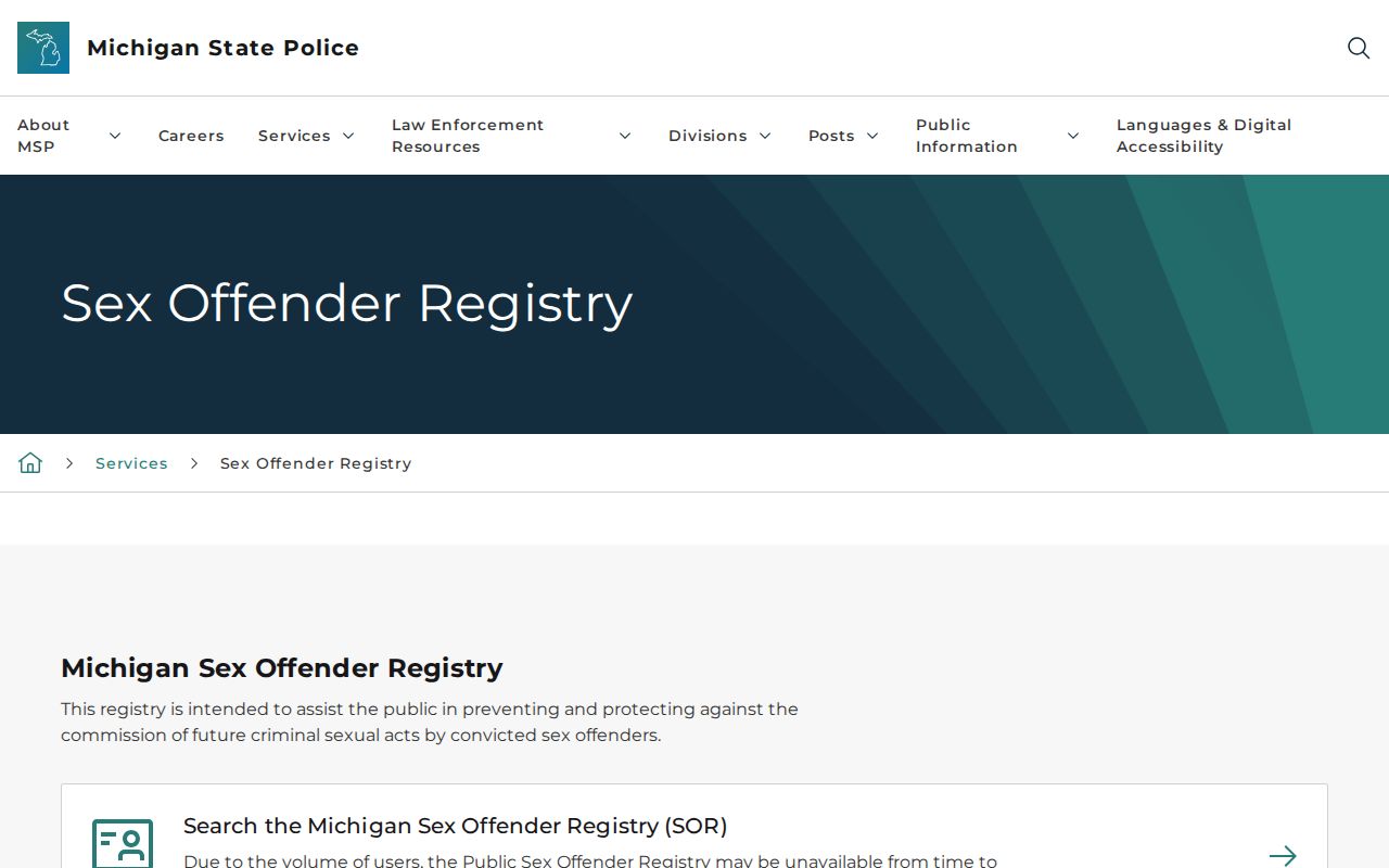 Michigan public offender registry page with official search instructions