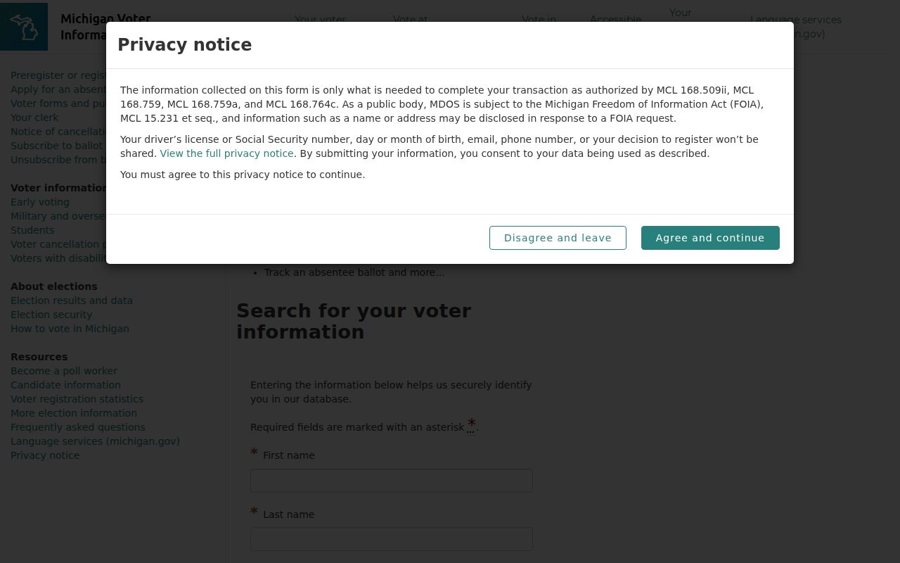 Michigan voter information page with official lookup options