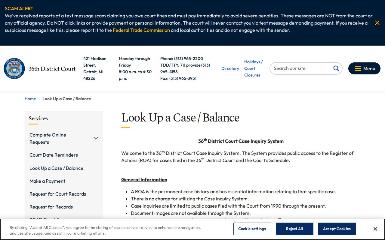 Detroit resident lookup access screen for 36th District Court case inquiry