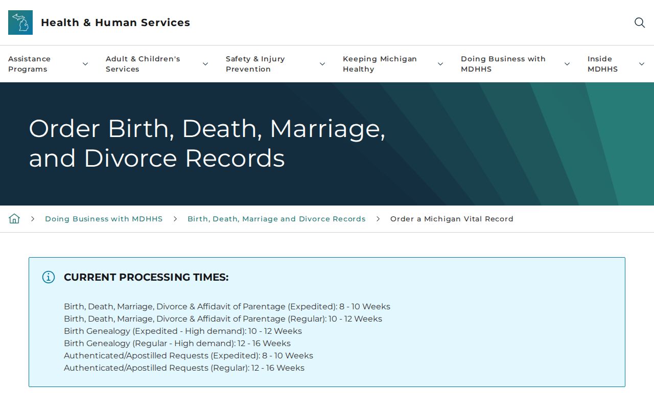 Detroit resident lookup path through Michigan vital records ordering