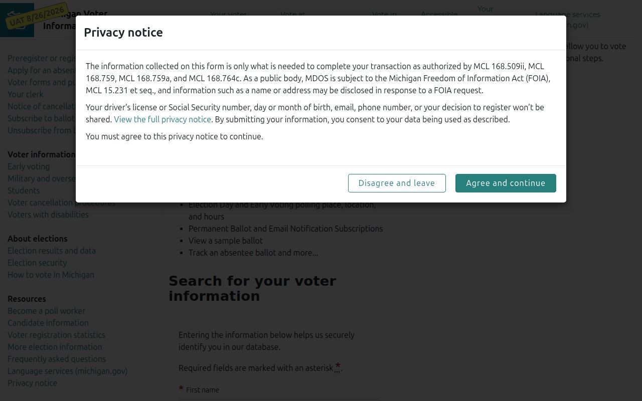 Detroit resident lookup view of Michigan Voter Information Center fields