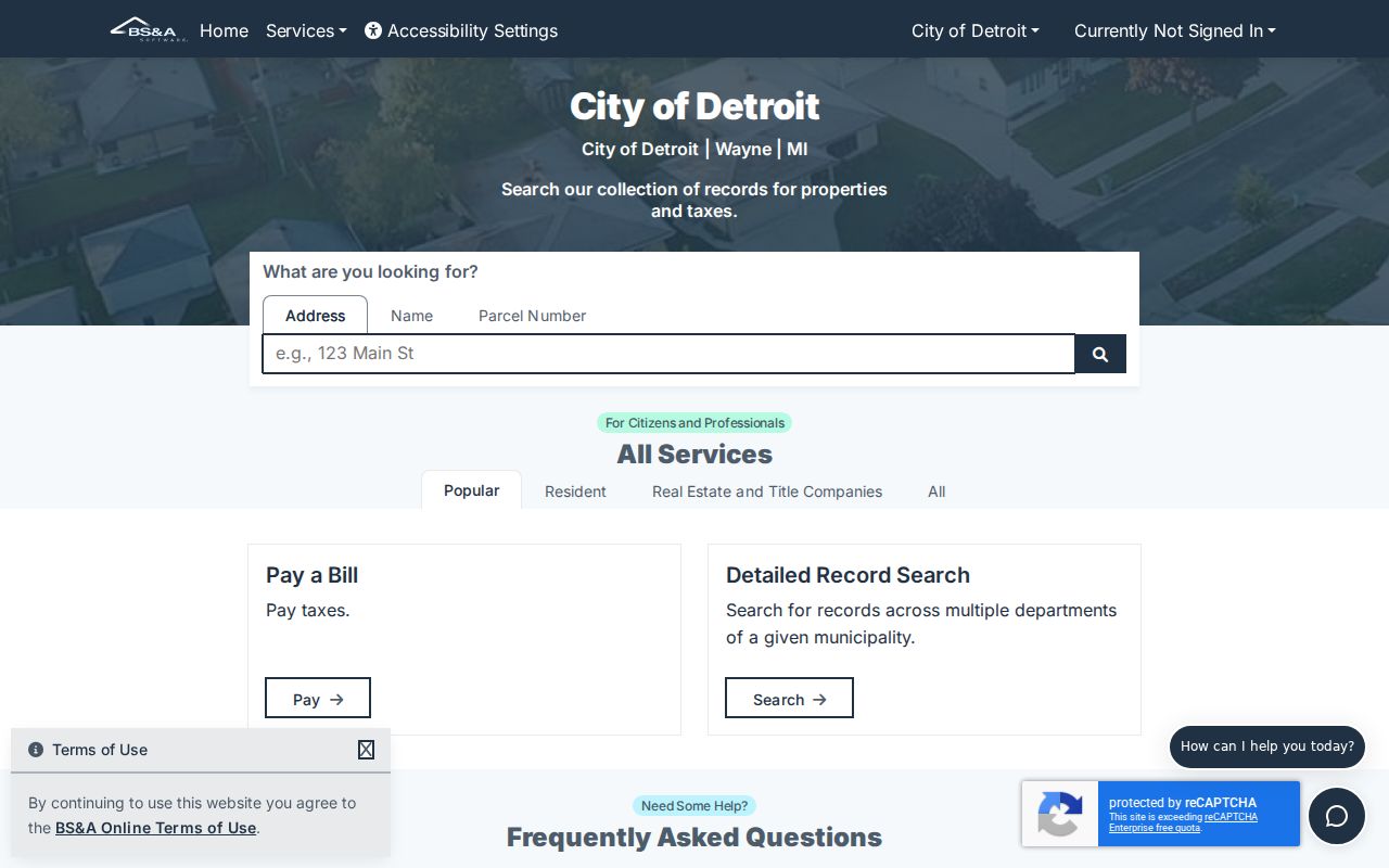 Detroit street directory BS&A address, name, and parcel search page