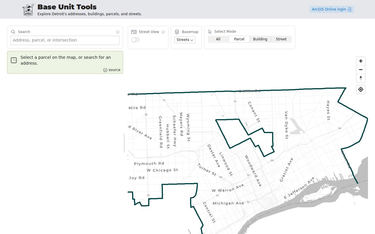 Detroit street directory Parcel Viewer showing parcel map search